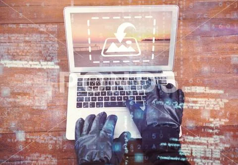 PSD template of hand of hacker using laptop at desk PSD Template