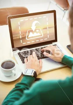 PSD template of hands of man using laptop in café PSD Template