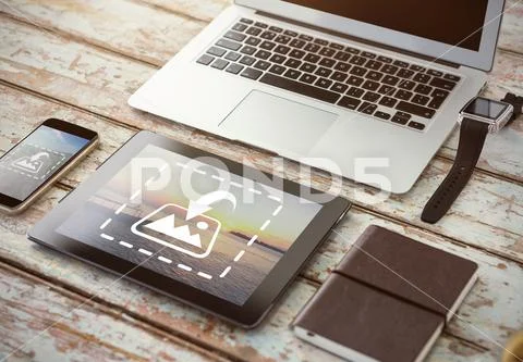 PSD template of laptop with smart watch, smartphone, digital tablet and PSD Template