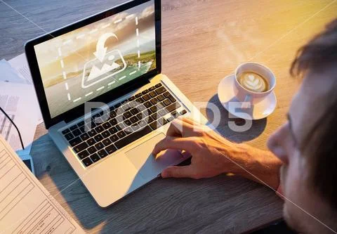 PSD template of male executive working on laptop at desk in office Modello PSD