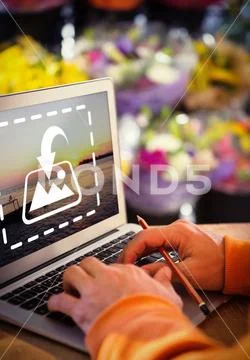 PSD template of male florist working on laptop at flower shop Plantilla PSD