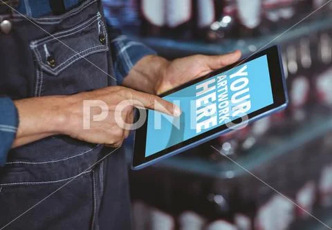 PSD template of male worker using digital tablet in factory PSD Template