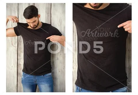 PSD template of man posing against wooden wall PSD-sjabloon