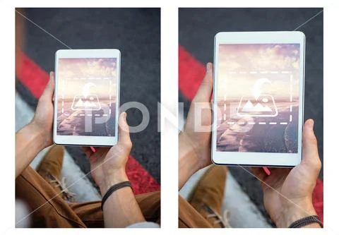 PSD template of man using digital tablet at home PSD Template