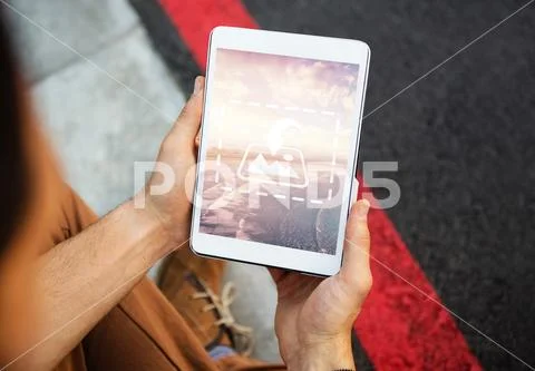 PSD template of man using digital tablet with icon incoming message sign PSD Template