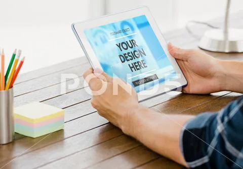 PSD template of man using digital tablet PSD Template