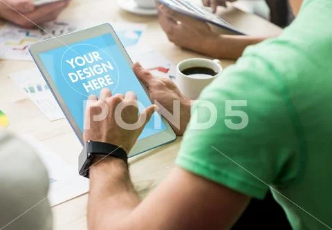 PSD template of man using tablet PSD Template
