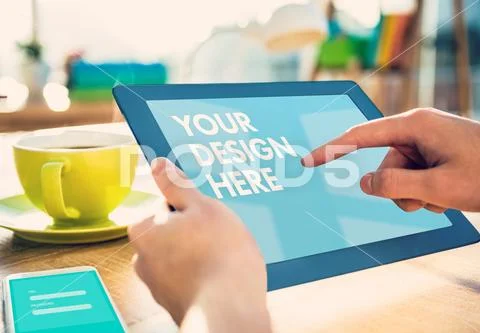 PSD template of man using tablet PSD Template