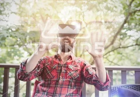 PSD template of man using virtual reality headset in bar PSD Template