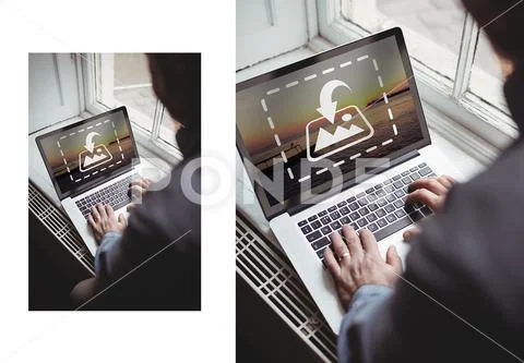PSD template of man working on laptop at window sill in home PSD Template