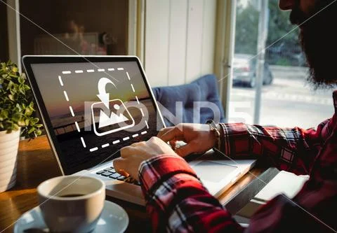 PSD template of man working on laptop at table in home PSD Template