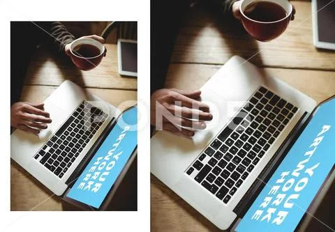 PSD template of man working on laptop while having coffee at table in home PSD 템플릿