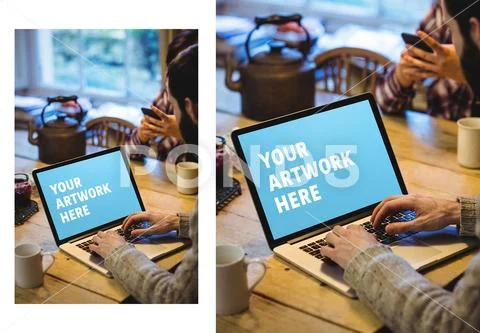 PSD template of man working on laptop at table in cafe PSD Template