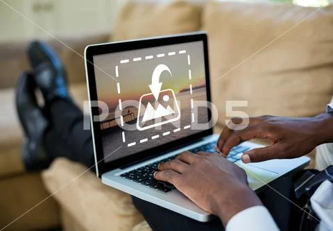 PSD template of man working on laptop on sofa at home PSD Template