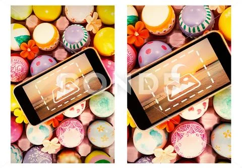 PSD template of mobile phone on painted colorful Easter eggs PSD Template