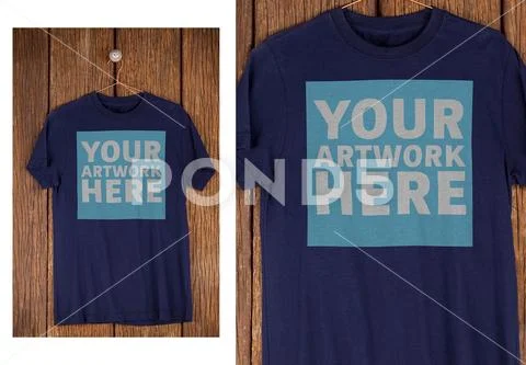 PSD template of navy t-shirt hanging on wooden wall PSD 템플릿