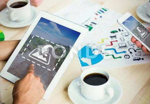 PSD template of office executive working on digital tablet and mobile phone at PSD Template