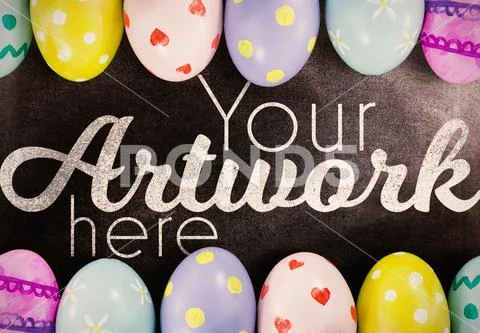 PSD template of painted Easter eggs on black wooden surface PSD Template