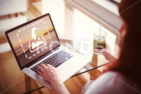 PSD template of pregnant woman using laptop while having juice at home PSD Template