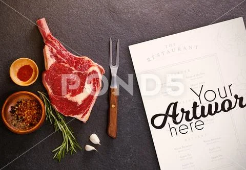 PSD template of rib chop and herb against black background PSD Template