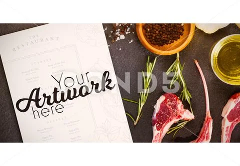 PSD template of rib chops and ingredients against black background PSD Template