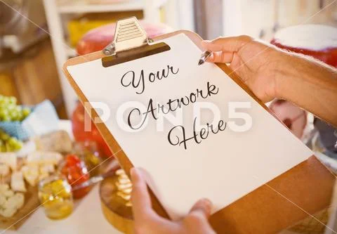PSD template of salesman writing on clipboard at counter in market PSD Template