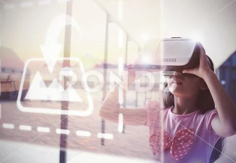 PSD template of schoolgirl using virtual reality glasses while standing in PSD Template