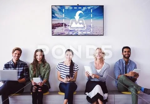 PSD template of smiling business people sitting on seat against wall in office PSD Template
