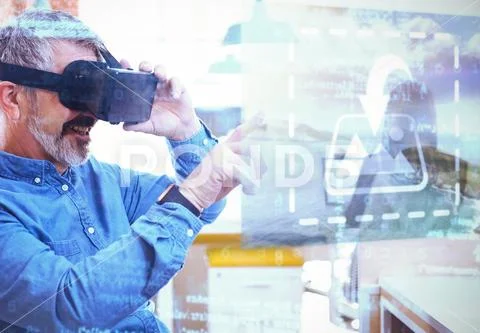PSD template of smiling businessman using virtual reality simulator in office PSD Template