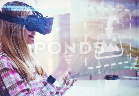 PSD template of smiling businesswoman using virtual reality simulator in office PSD Template