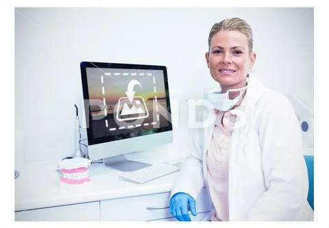 PSD template of smiling female dentist in dental clinic PSD Template