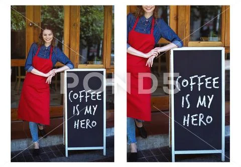 PSD template of smiling waitress leaning on menu board outside the café PSDテンプレート