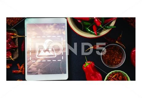 PSD template of spices and digital tablet on table PSD Template