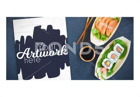 PSD template of sushi on boat shaped plate with chopsticks and sauce PSD-Vorlage