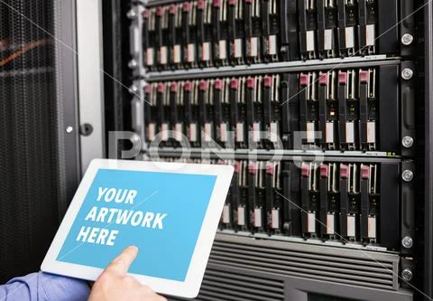 PSD template of technician working on digital tablet in office PSD Template