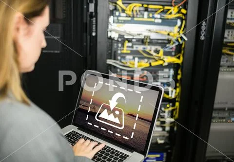 PSD template of technician working on laptop in office PSD Template