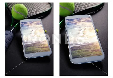 PSD template of tennis racket, ball and mobile phone on table PSD Template
