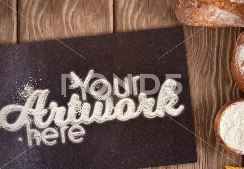 PSD template of various bread loaves on wooden background PSD Template