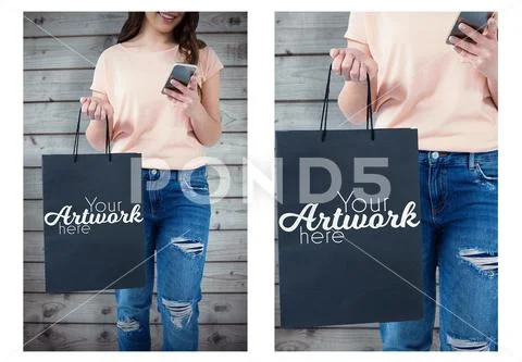 PSD template of woman carrying shopping bag and using mobile phone against PSD Template