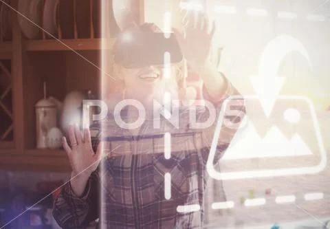 PSD template of woman experiencing virtual reality headset in kitchen at home Template PSD