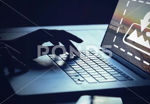 PSD template of woman hands working on laptop at table in dark room PSD Template