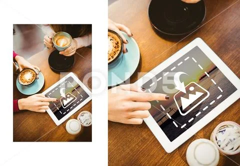 PSD template of woman using digital tablet while having coffee at table in cafe PSD Template