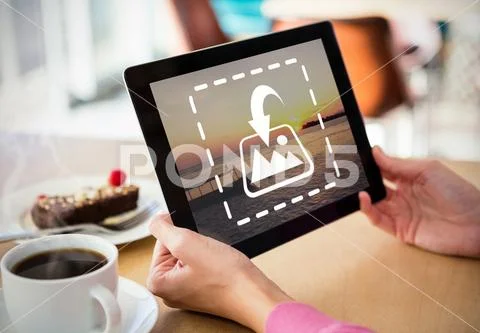 PSD template of woman using digital tablet in the coffee shop PSD Template