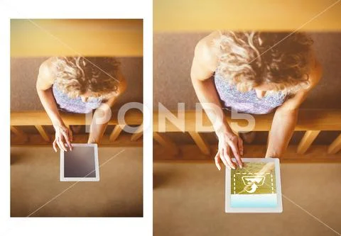 PSD template of woman using digital tablet in cafeteria Modello PSD