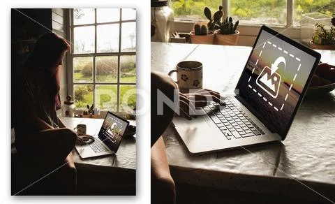PSD template of woman using laptop at dining table in home PSD Template