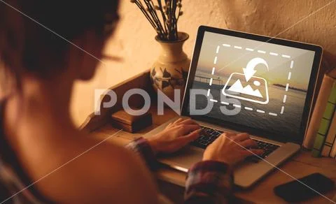 PSD template of woman using laptop at desk in home PSD Template