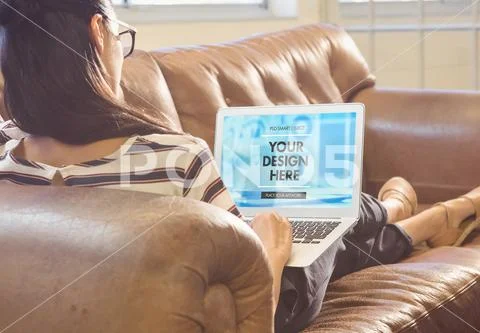 PSD template of woman using laptop on sofa in living room. Digital Incoming PSD Template