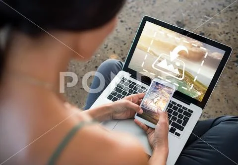 PSD template of woman using mobile phone while working on laptop at home PSD Template
