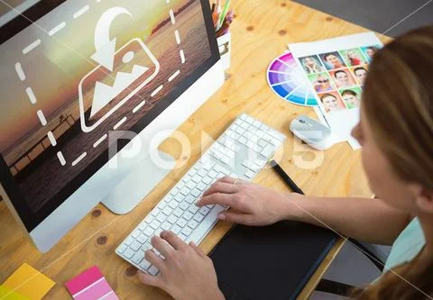 PSD template of woman working on desktop pc in office PSD Template