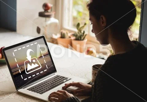 PSD template of woman working on laptop at dining table in home PSD Template
